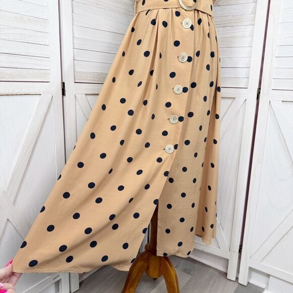Mango Polka Dot Belted Fit Flare Midi Dress Tan Black Small 4 - Picture 8 of 13